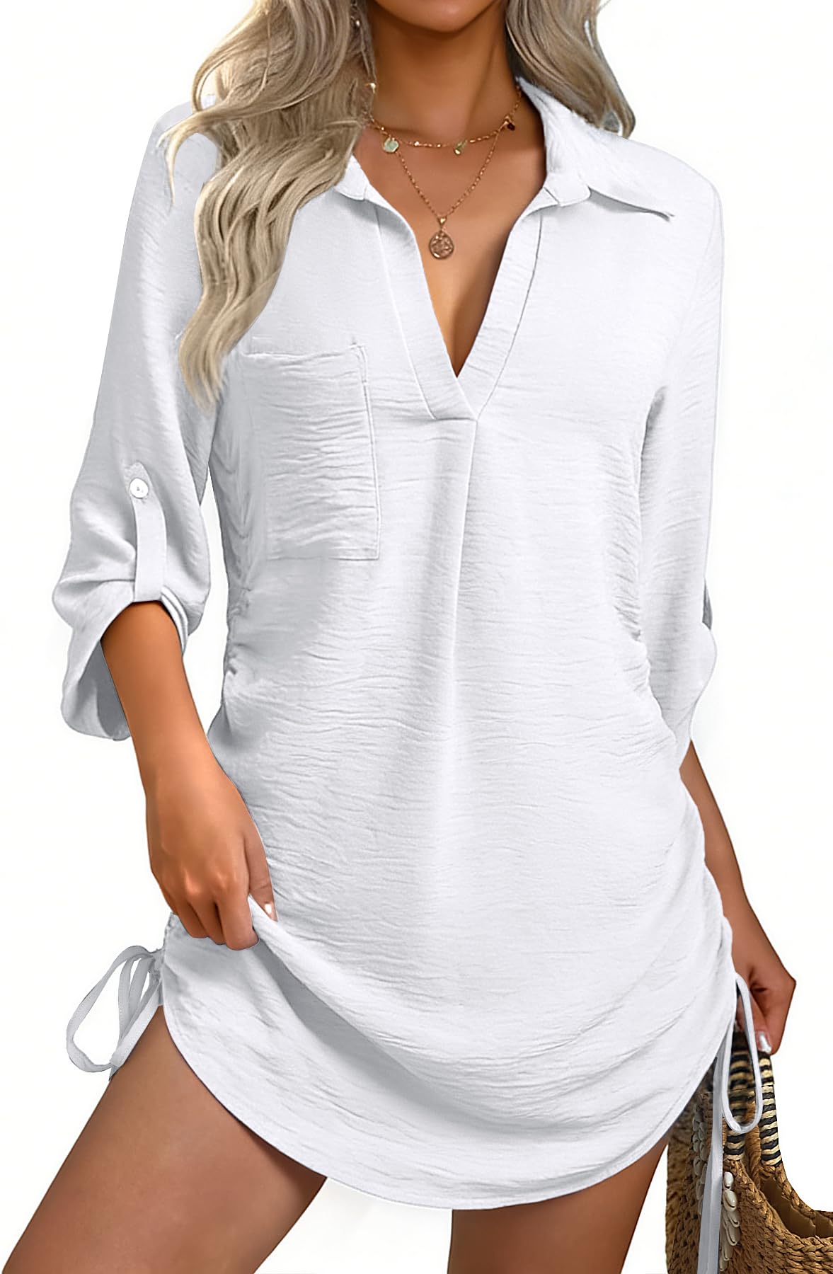 Women Swimsuit Coverup Bathing Suit Cover Ups for Swimwear Swim Summer Bikini Beachwear Drawstring Beach Dress Shirt-image-24