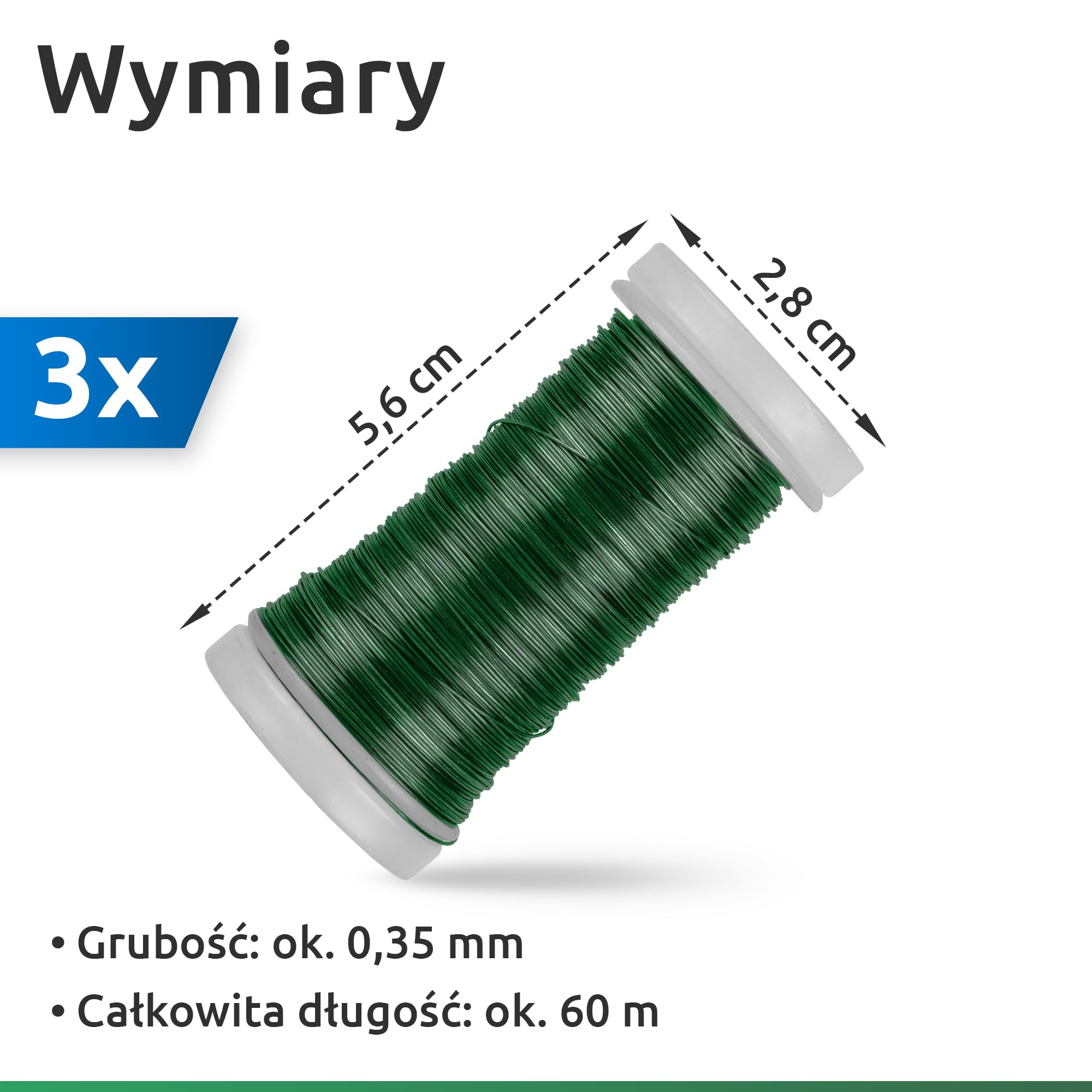 ECENCE 3x Drut mirtowy wyżarzany z żelaza w kolorze Zielony, drut rzemieślniczy do wiązania kwiatów, drut do owijania, drucik florystyczny na rolkę 60m