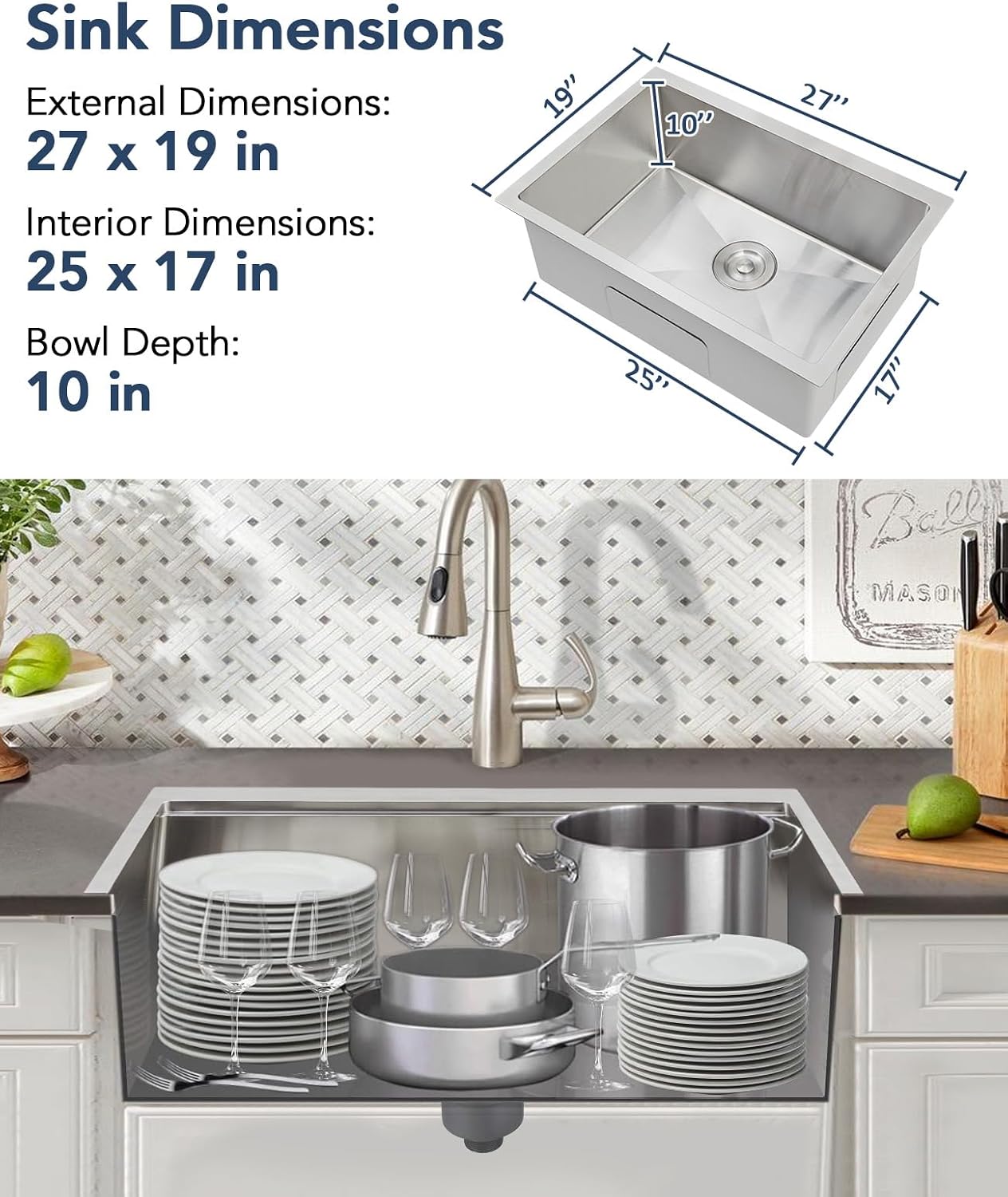 GarveeTech 27 in Undermount Kitchen Sink, 16 Gauge Under Counter Sink with Accessories, Undermount Sink Deep Single Bowl Kitchen Sink for Workstation, RV, Prep Kitchen