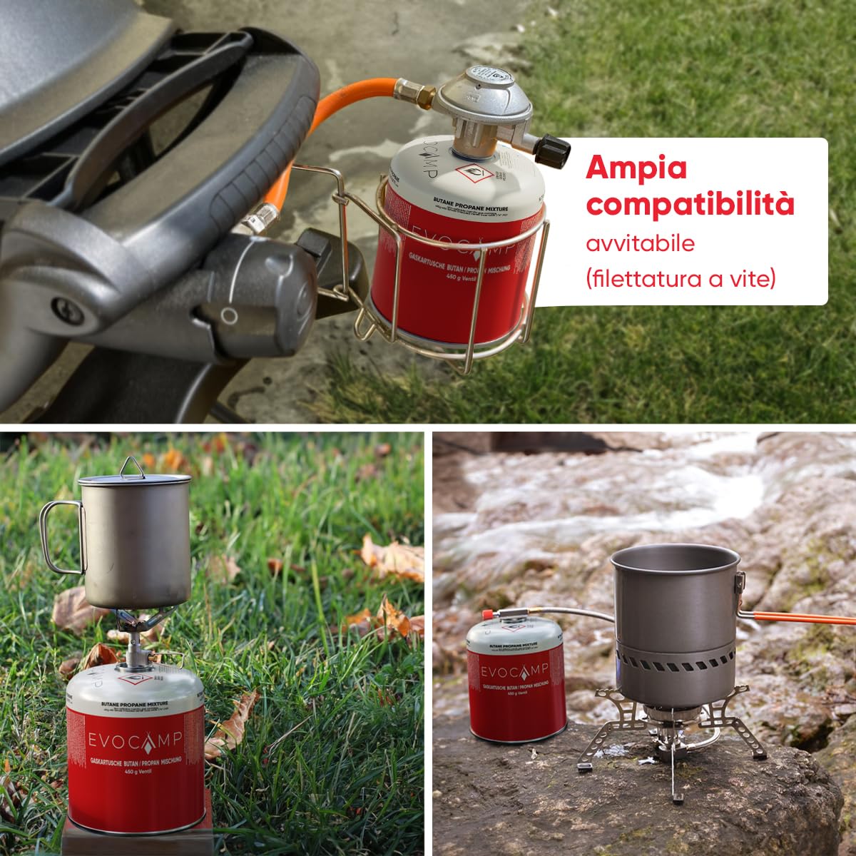 EVOCAMP Cartuccia di gas propano butano da 450g, cartuccia a vite con filettatura europea 7/16", bombola di gas a valvola da 809ml, bombolette di gas utilizzabile per griglie Weber (12X)