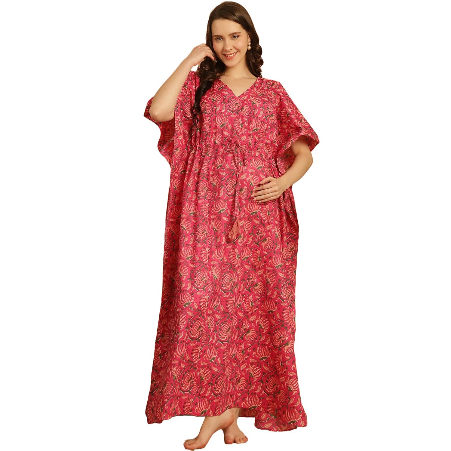 Bright Pink Floral Print Cotton Maternity Kaftan Nighty/Free Size/Feeding/Nursing/Zipper/Drawstring/Printed/Full Length