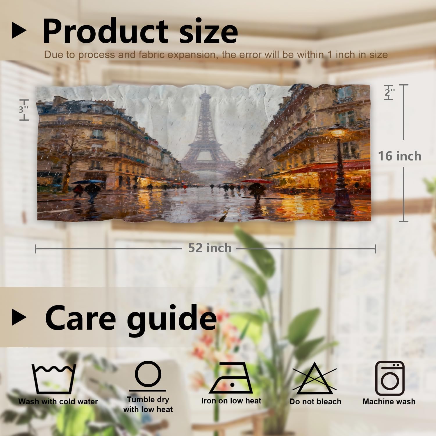 Pink Black Europe Oil Painting Kitchen Valances for Windows,Gray Modern Eiffel Tower Blackout Valances Curtains Multilayer Polyester Drapes for Kitchen Bedroom 2 Pack 52X16 Inches