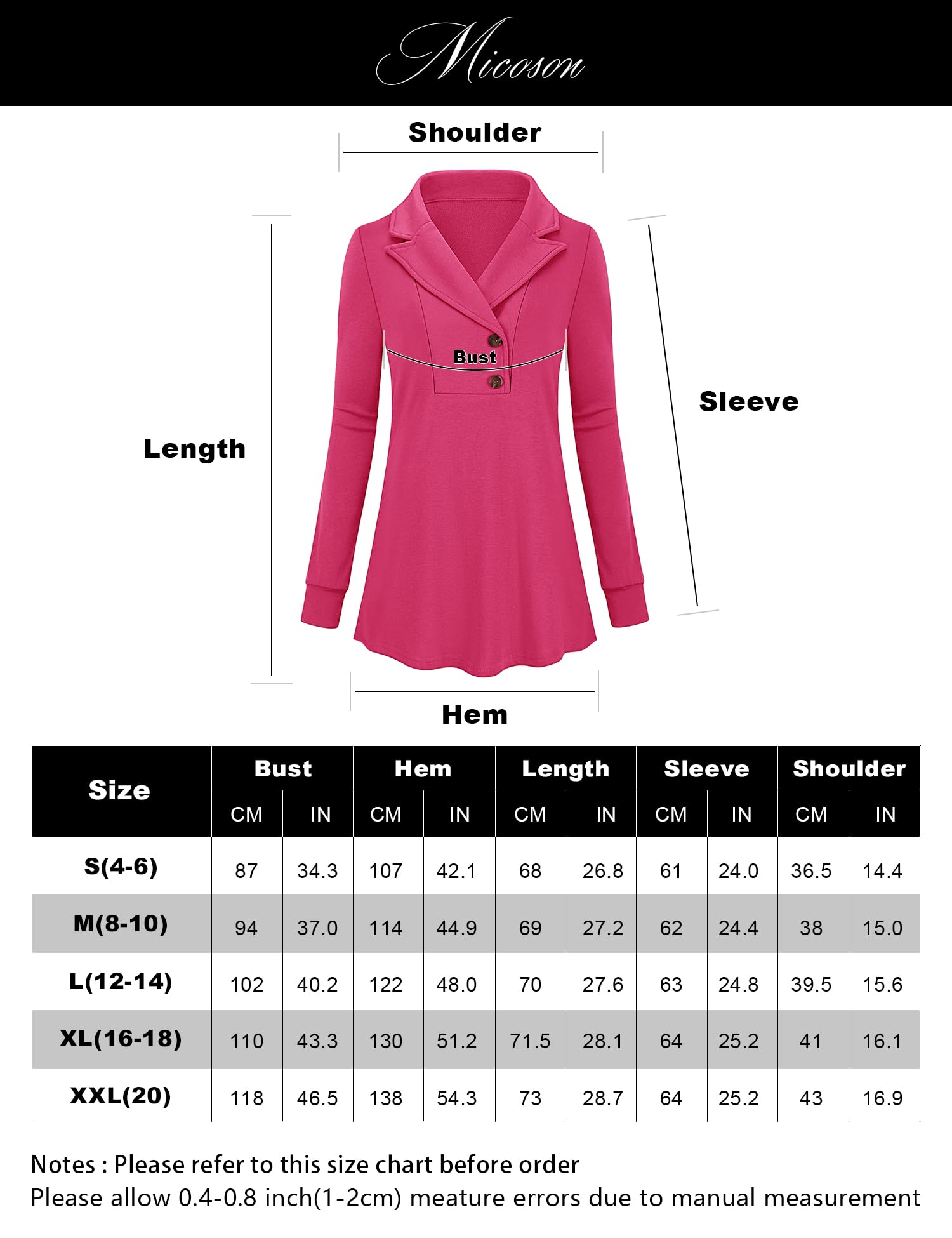 Micoson Tunique à manches longues et col en V pour femme - Col en V - Style décontracté, rose vif, XX-Large
