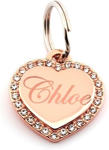 Personalizado grabado personalizado chapado en oro rosa pequeño corazón diamantes de imitación joyería perro gato etiqueta de identificación