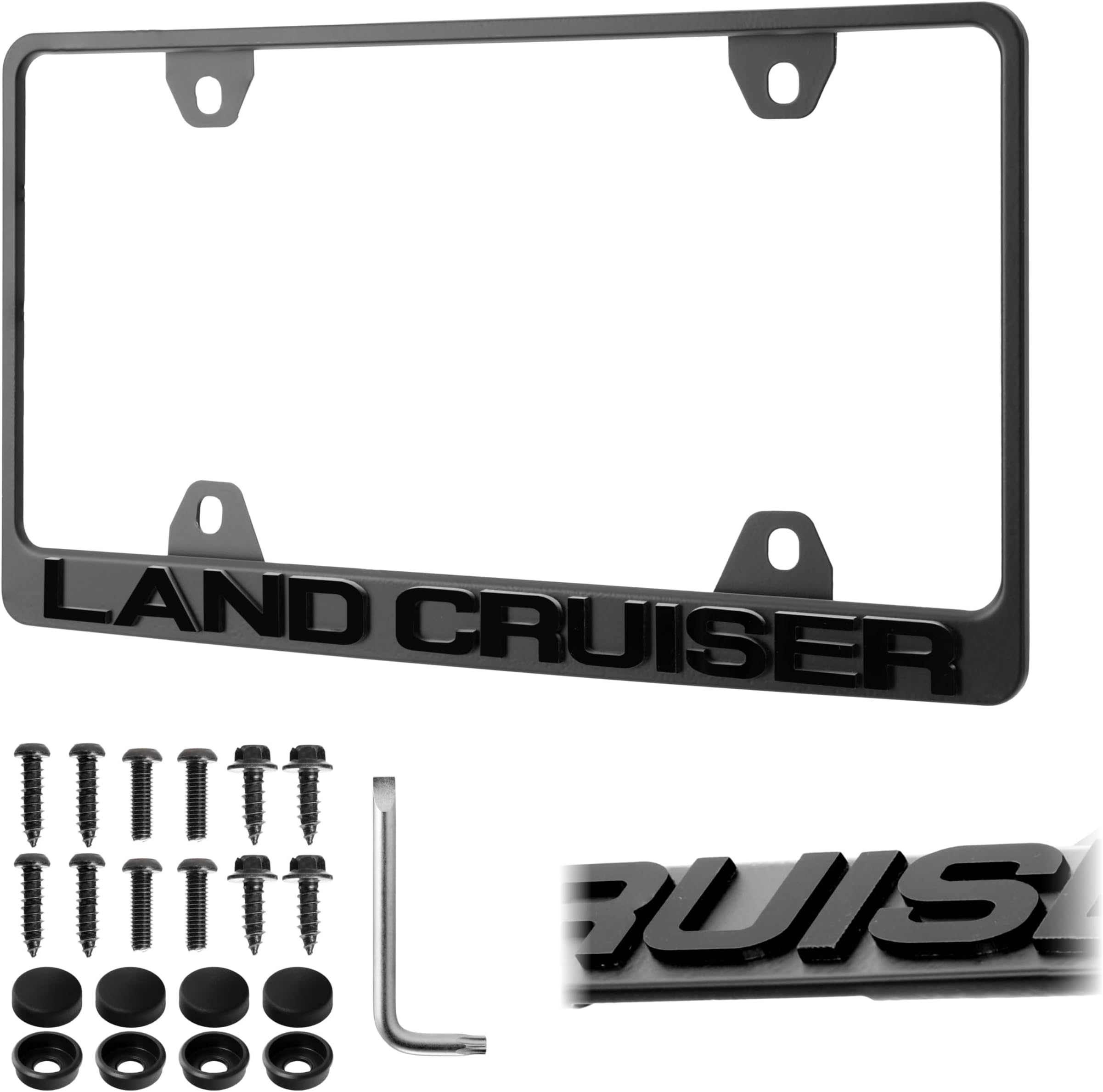 LAND CRUISER License Plate Frame – Stealth Black Powder Coat UV Resistant STAINLESS METAL Plate Holder - One Piece - Compatible with 1951-2025 LandCruiser (3D RAISED LETTER with MOUNTING HARDWARE)