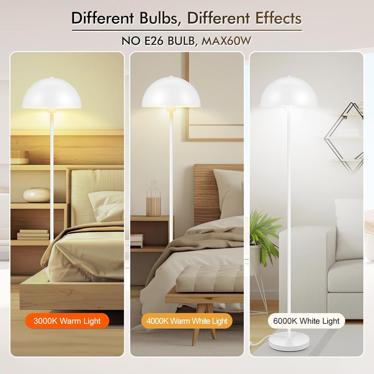 Floor Lamp, Industrial White Floor Lamps for Living Room, 65.6in Standing Lamp, Retro Mushroom Dome Shade, Whole Metal, E26 Socket, Mid Century Modern Floor Lamp for Bedroom/Office,No Bulb
