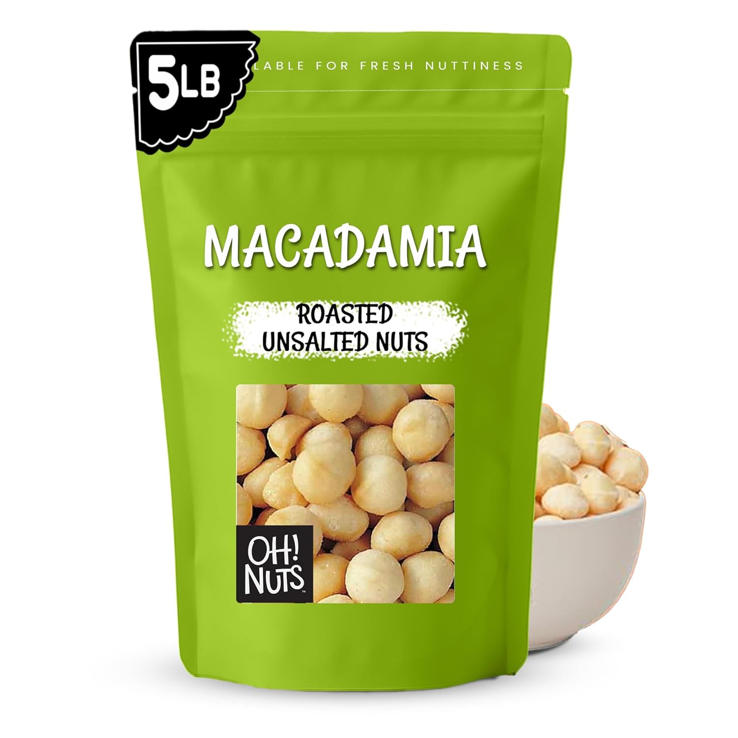 Oh! Nuts Macadamia Nuts - 5 lb - Dry Roasted Unsalted Macadamia Nuts - Oven Roasted - No Oil - Packed in New York Zip-Seal Bag for Exceptional Freshness