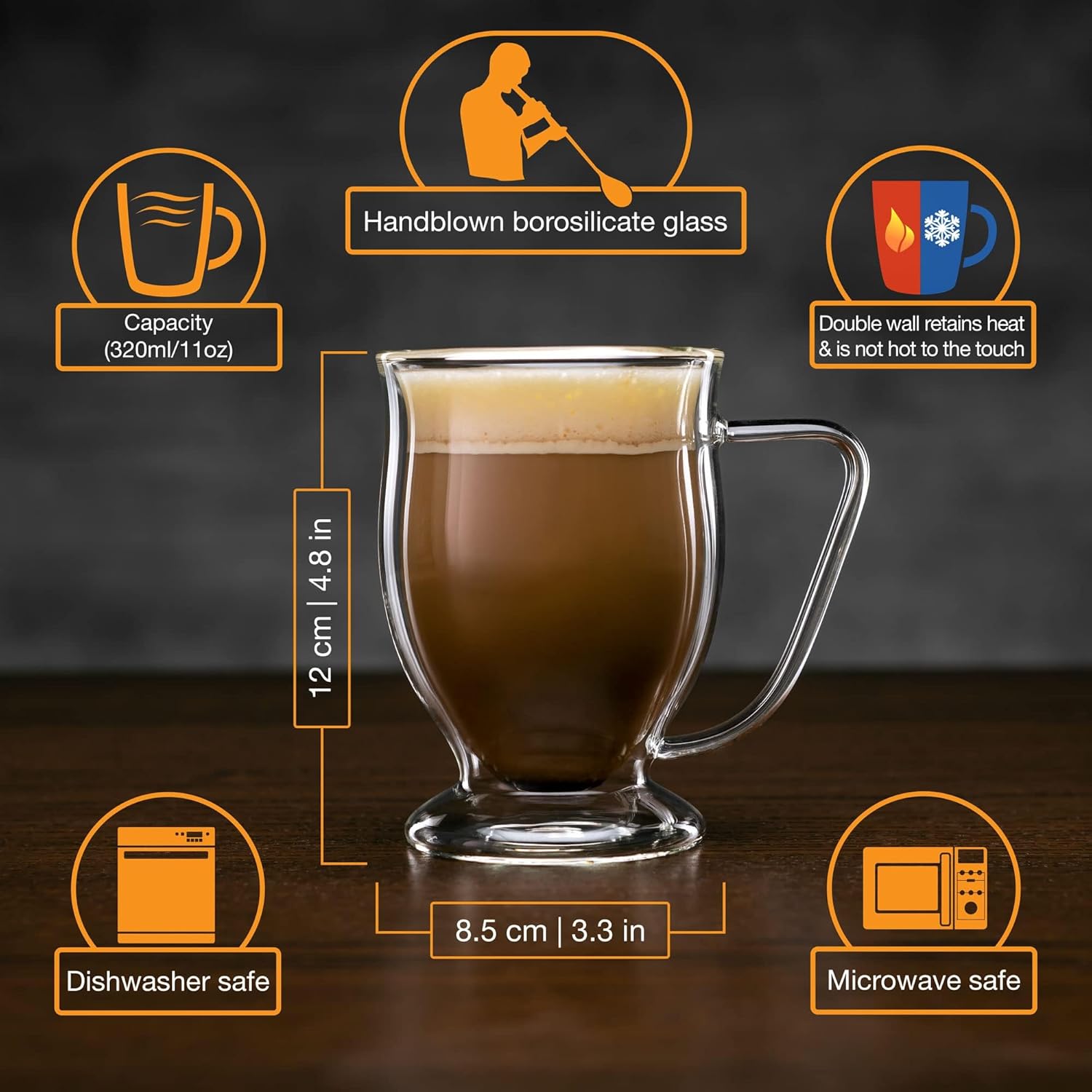 Double Wall Glass Coffee Mugs 11oz Set of 4, Insulated Borosilicate Glass Coffee Cups with Handle - Dishwasher & Microwave Safe Clear Mugs for Cappuccino, Latte, Espresso, Tea - Image 4