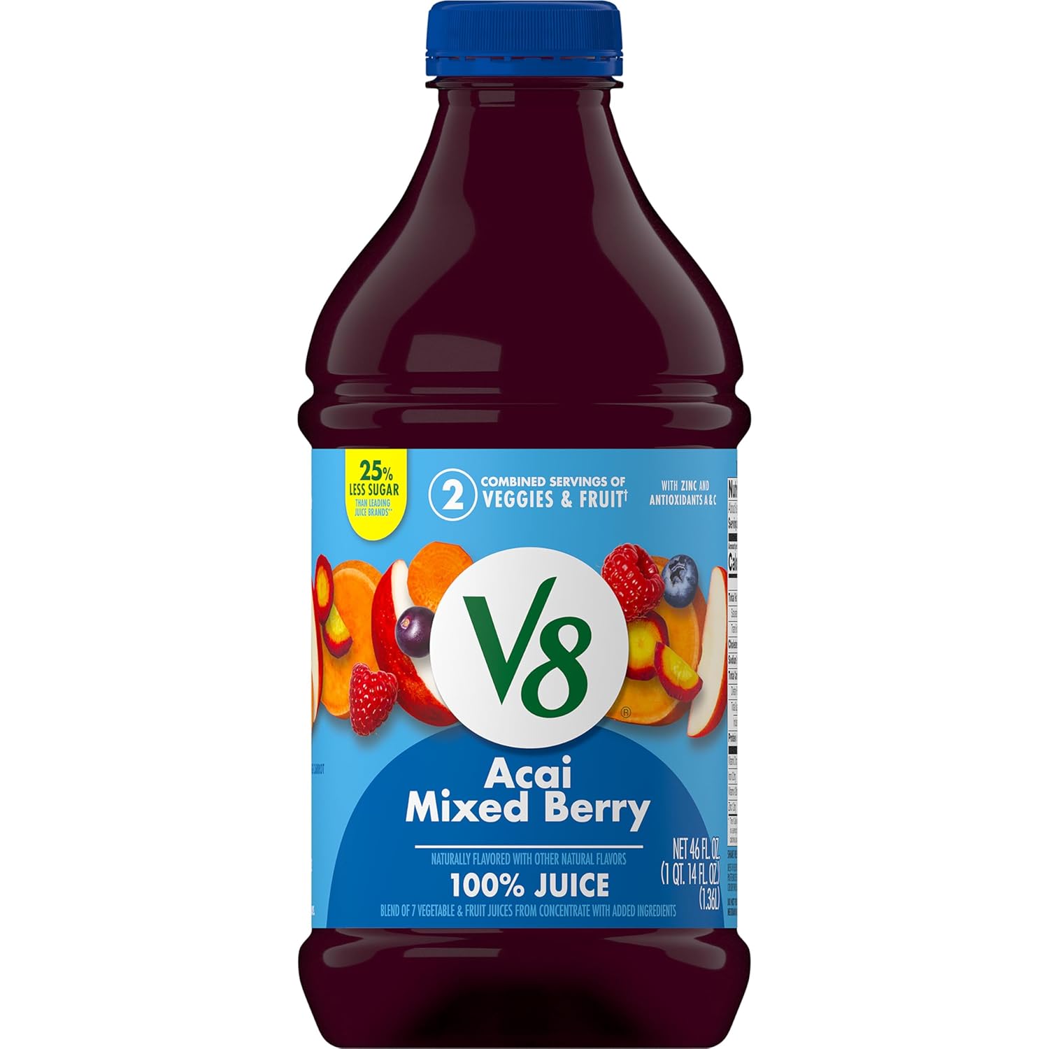 V8 Acai Mixed Berry 100% Fruit and Vegetable Juice, 46 fl oz Bottle Acai Mixed Berry 46 Fl Oz (Pack of 6)