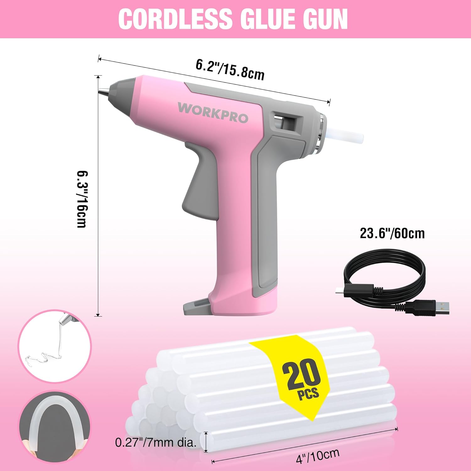 WORKPRO Pink Cordless Mini Hot Glue Gun, Energy Saving Rechargeable Fast Heating Glue Gun Kit with 20 Pcs Mini Glue Sticks, Automatic-Safety-Power-Off Glue Gun for Decoration, Art - Pink Ribbon