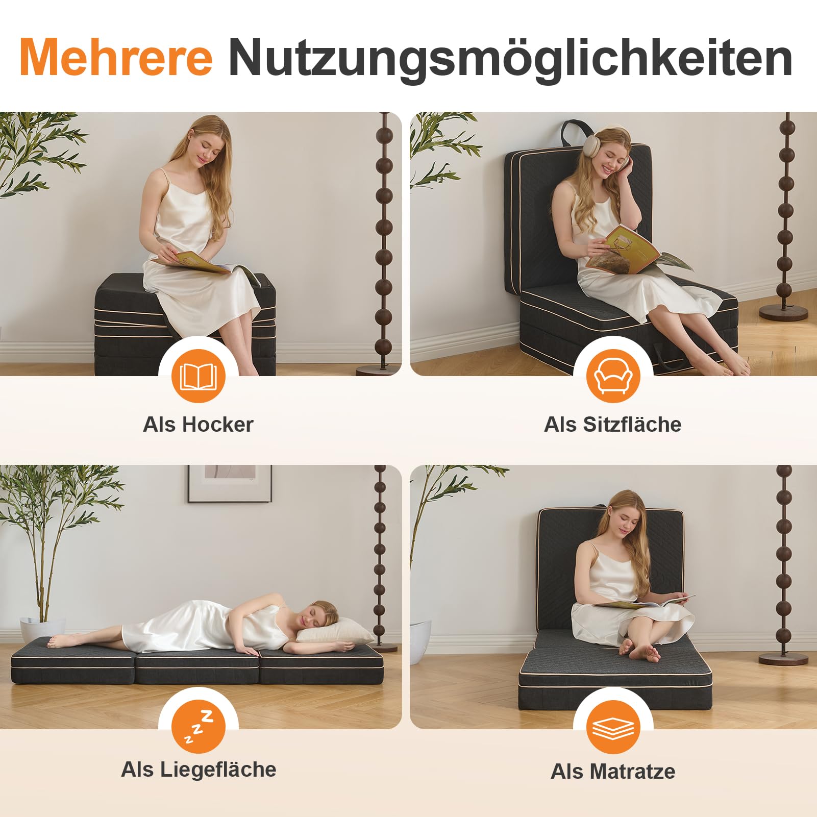 OIGAE Klappmatratze 90x200x15 cm, 3-teilige Faltmatratze mit Memory-Schaum & Stützschaum, Faltbare Bodenmatratze für Zuhause, Reise & Camping, waschbarer Bezug, Tragegriffe, Dunkelgrau