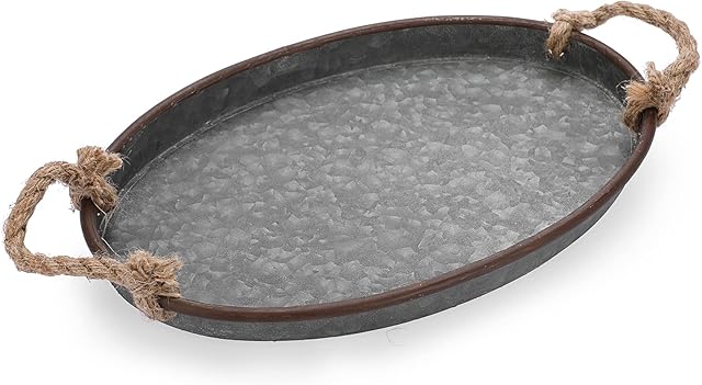 BSTKEY Metal Iron Tray Oval Serving Tray, Industrial Farmhouse Style Tray Organizer with Rope Handle, Glitzhome Galvanized Serving Tray Tin, 36 x 23cm