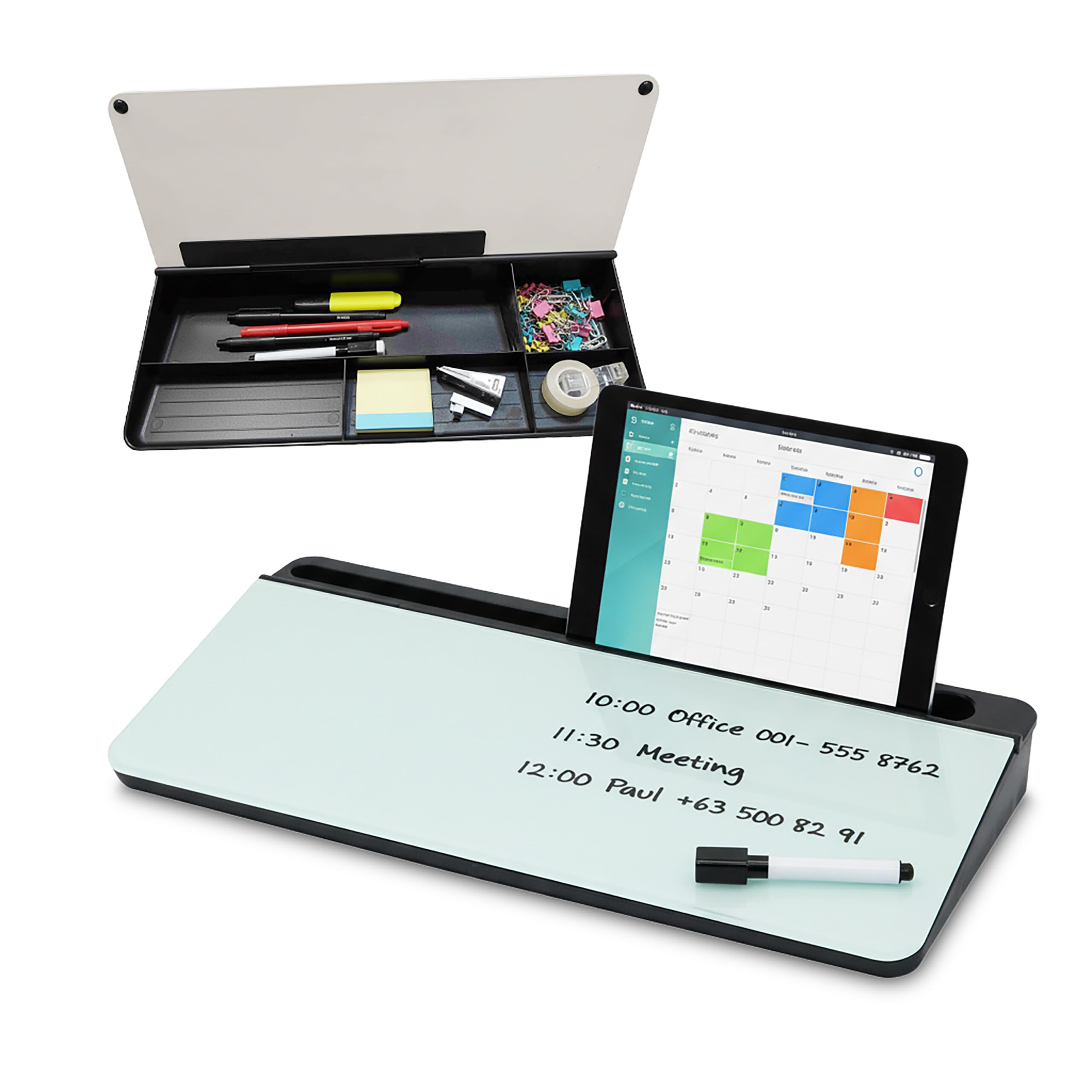 Relaxdays Organizer da scrivania con Lavagna, 5 Scomparti, plastica, Vetro, HLP: 5,5x40x18 cm, Nero
