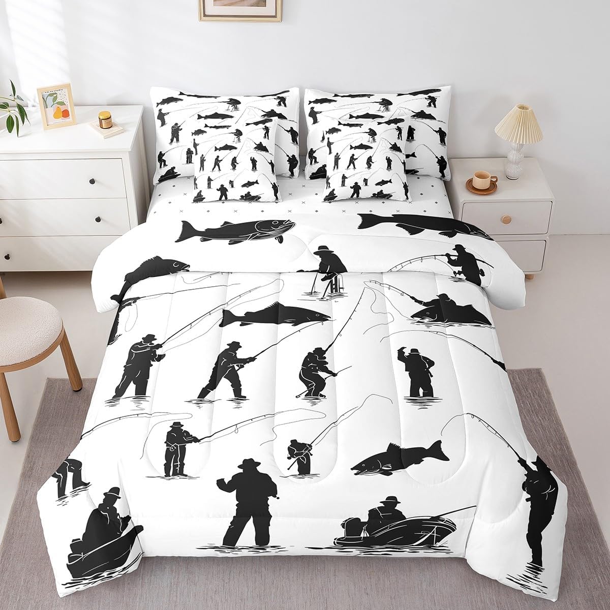 Erosebridal Fishing Rod Bed in a Bag Queen Comforter Set 7 Piece,Fishing Gear Bedding Sets Fish Angle Angling Sheet Set with Comforter