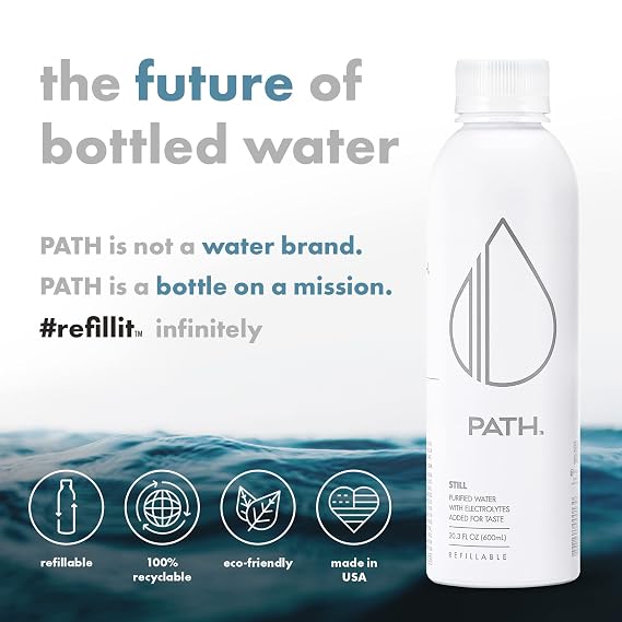 PATH Still Bottled Water - Ultra-Purified, pH-Balanced Purified Water in Aluminum Bottle - BPA-Free, Reusable, Infinitely Recyclable - Crisp, Refreshing Taste 20.3 fl oz (Pack of 12)
