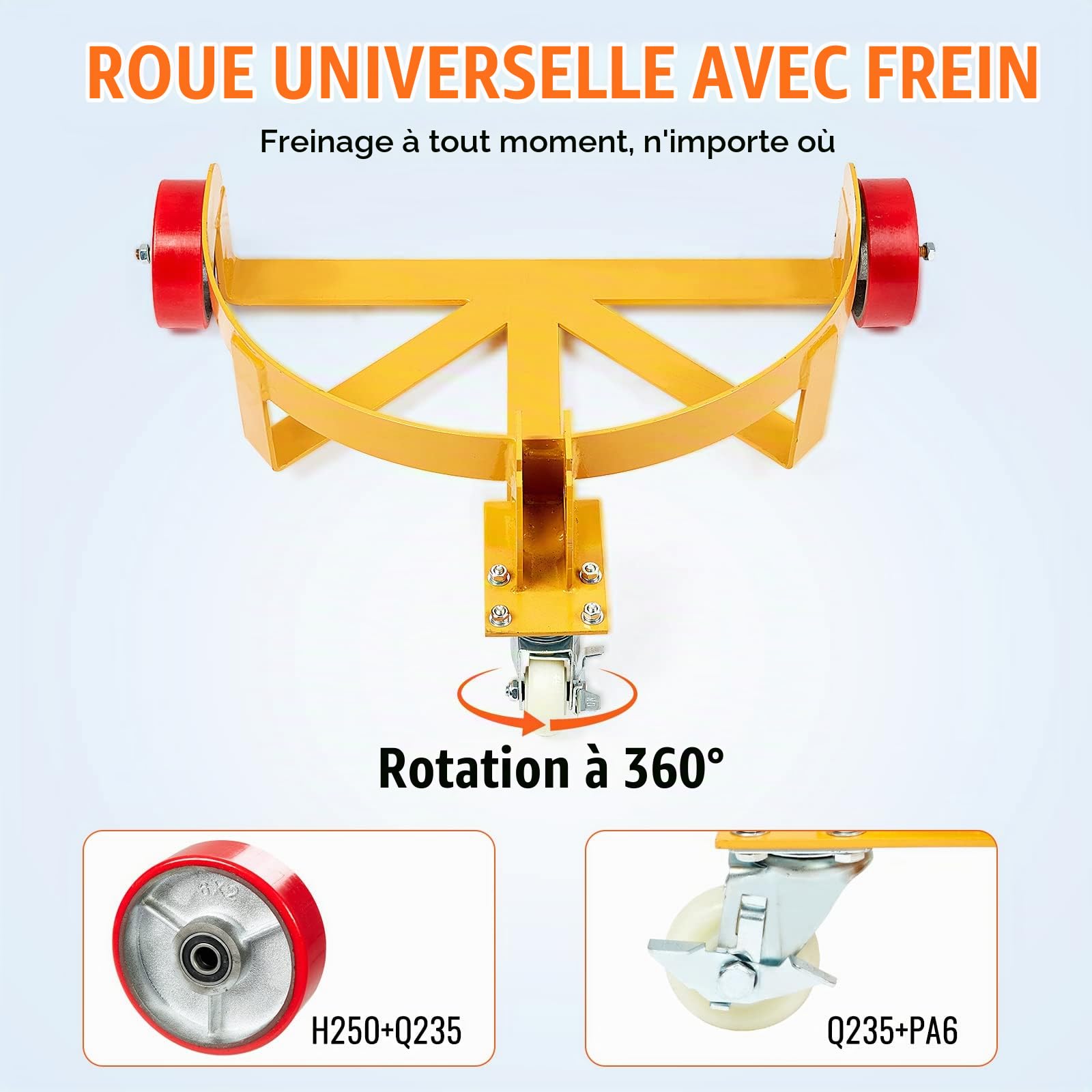 VEVOR Porte-Fût 250 L Chariot à Baril Capacité de Charge 544 kg Plateau Roulant 3 Roulettes Cadre Acier Poignée Ajustable Socle Rouleur Outil pour Manutention Fûts Tambours Bidons Huile Entrepôt Usine