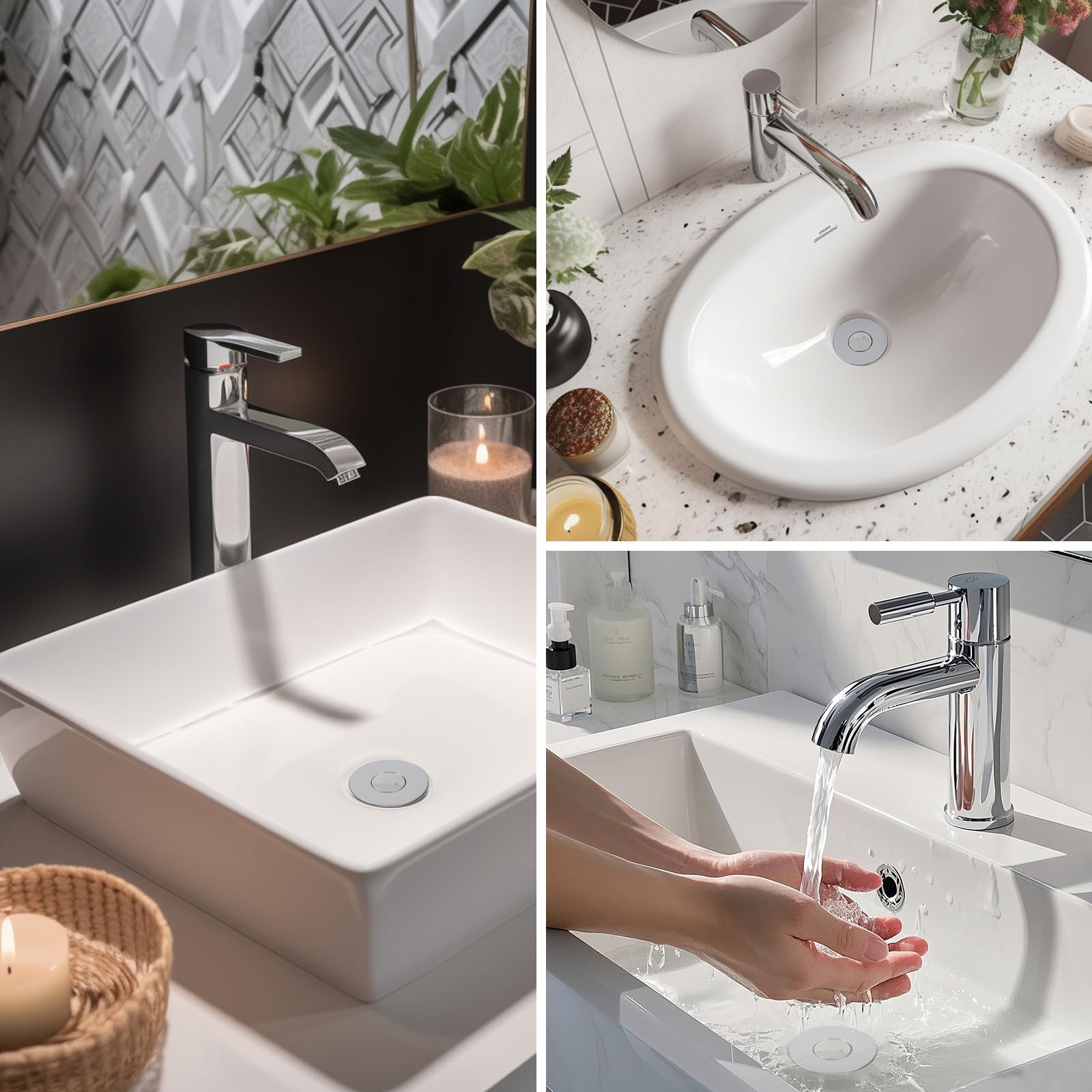 Hibbent 3-in-1 Abflusssieb für Waschbecken, universeller Pop-Up-Stopper mit abnehmbarem Edelstahl-Filterkorb, Haarfänger, Waschbeckenstöpsel für 2,8 cm ~ 5,9 cm Waschbecken, Messingkern, Chrom, 4