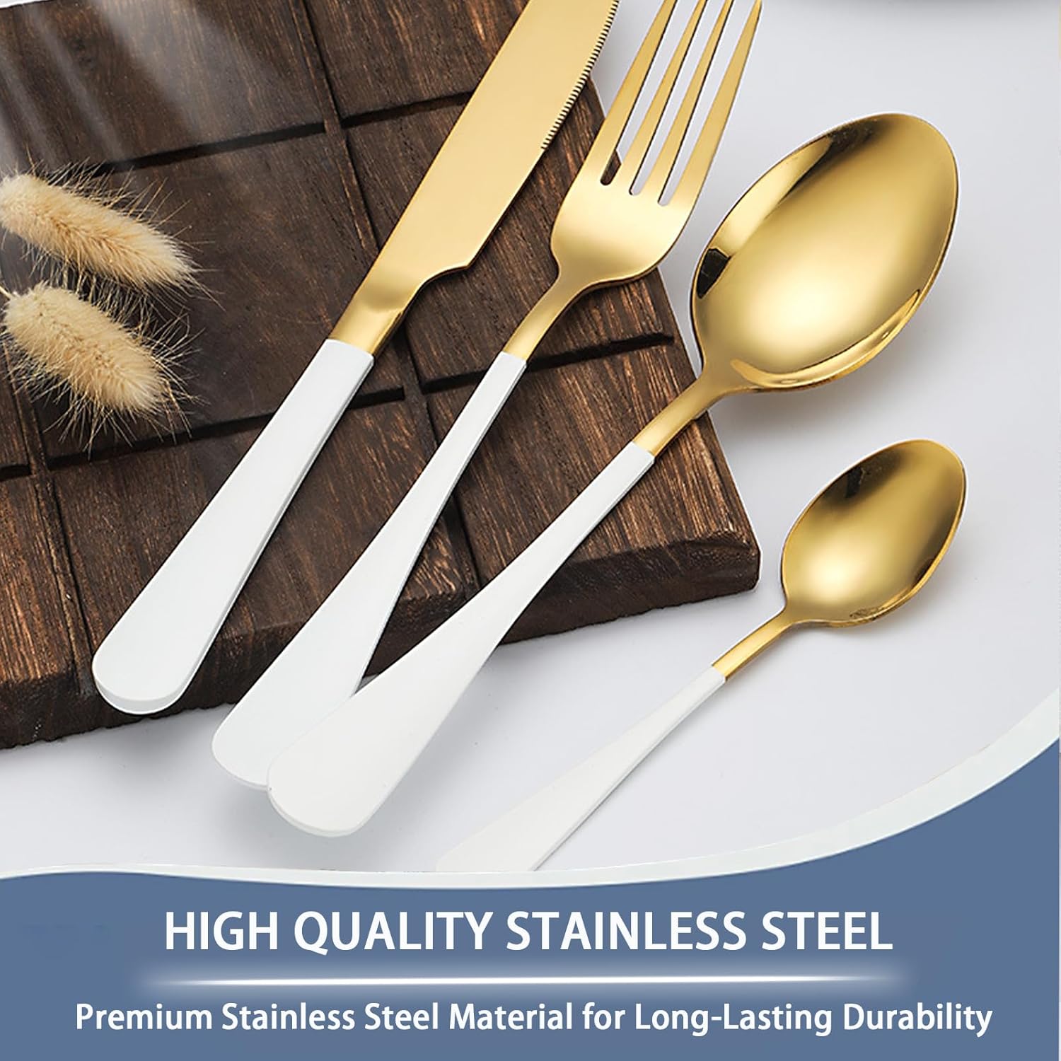 24 Pieces Silverware Set, Stainless Steel Flatware Set with Silverware Holder Spoons Forks Knives,Utensils Set Service for 6,Gold Mirror Polished and Matte Painted Cutlery Set (White)