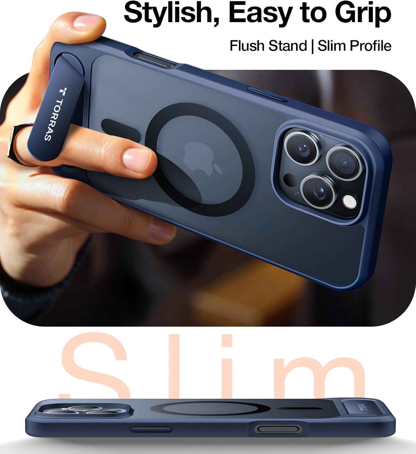 TORRAS Strong Magnetic & Seamless Stand for iPhone 16 Pro Case, [18N Mighty Magnetic] [12FT Mil-Grade Drop Tested] [Fit for MagSafe] Kickstand Protective Slim Phone Case for iPhone 16 Pro 6.3", Blue
