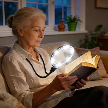 Neck Magnifying Glass with Light Hands Free, Dimmable for Seniors, Knitting | 5.6-inch Lens Rechargeable 1200mAh Battery 6 Light Modes 12 LEDs Adjustable Gooseneck Adjustable Brightness