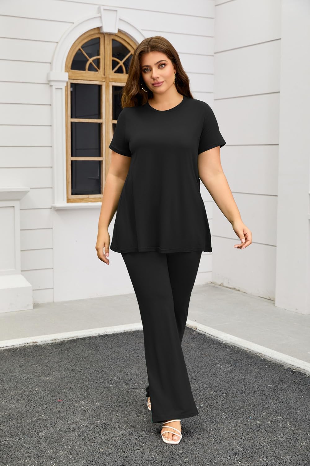 YeGine Women 2 Piece Outfits Casual Short Sleeve Tunic Top and Flare Pants Oversized Lounge Sets Tracksuit - Image 3