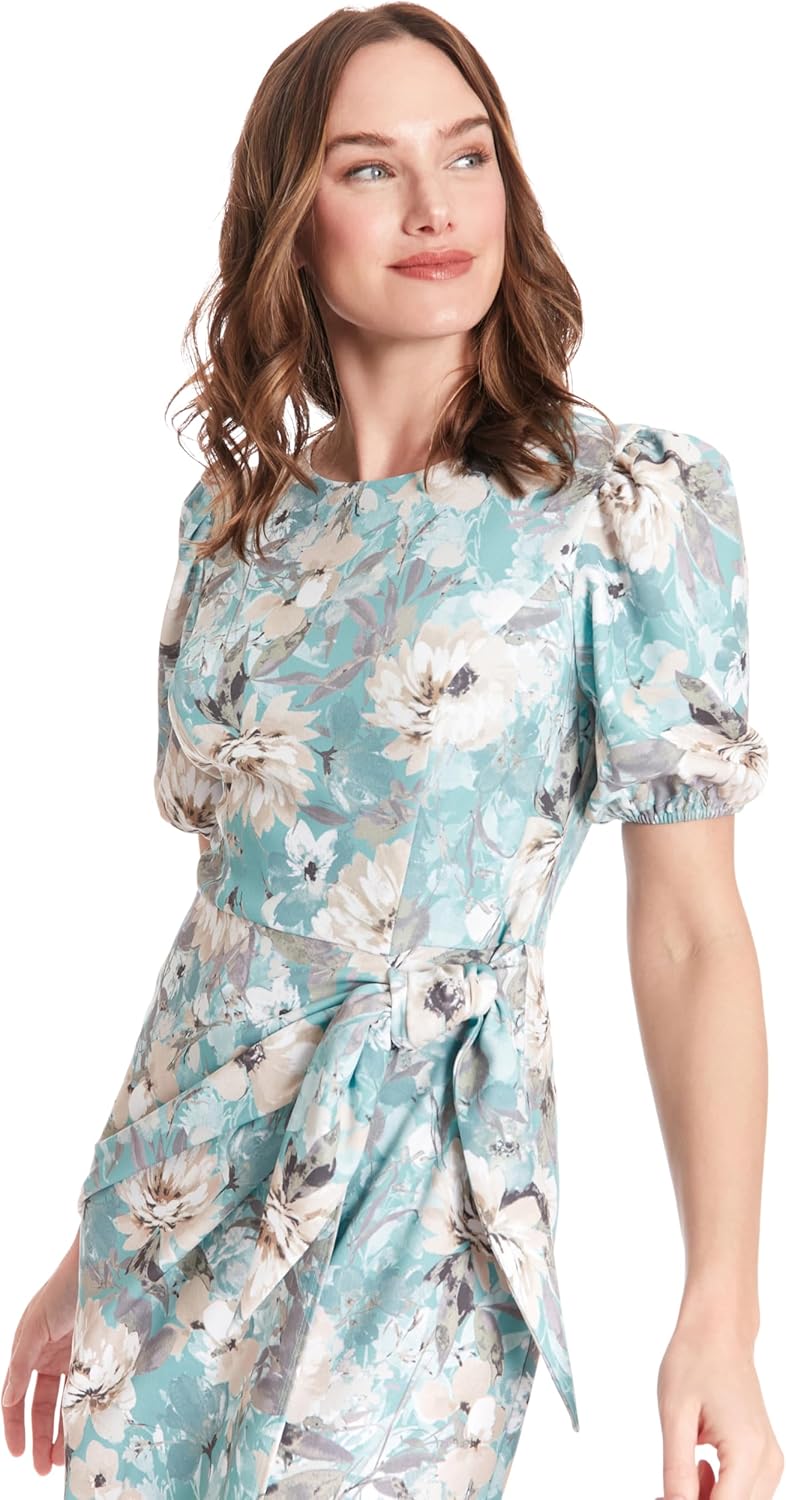 London Times Womens Elegant Short Sleeve Wrap Look Dress with Puff Sleeves | Cocktail Dresses for Women - Image 3