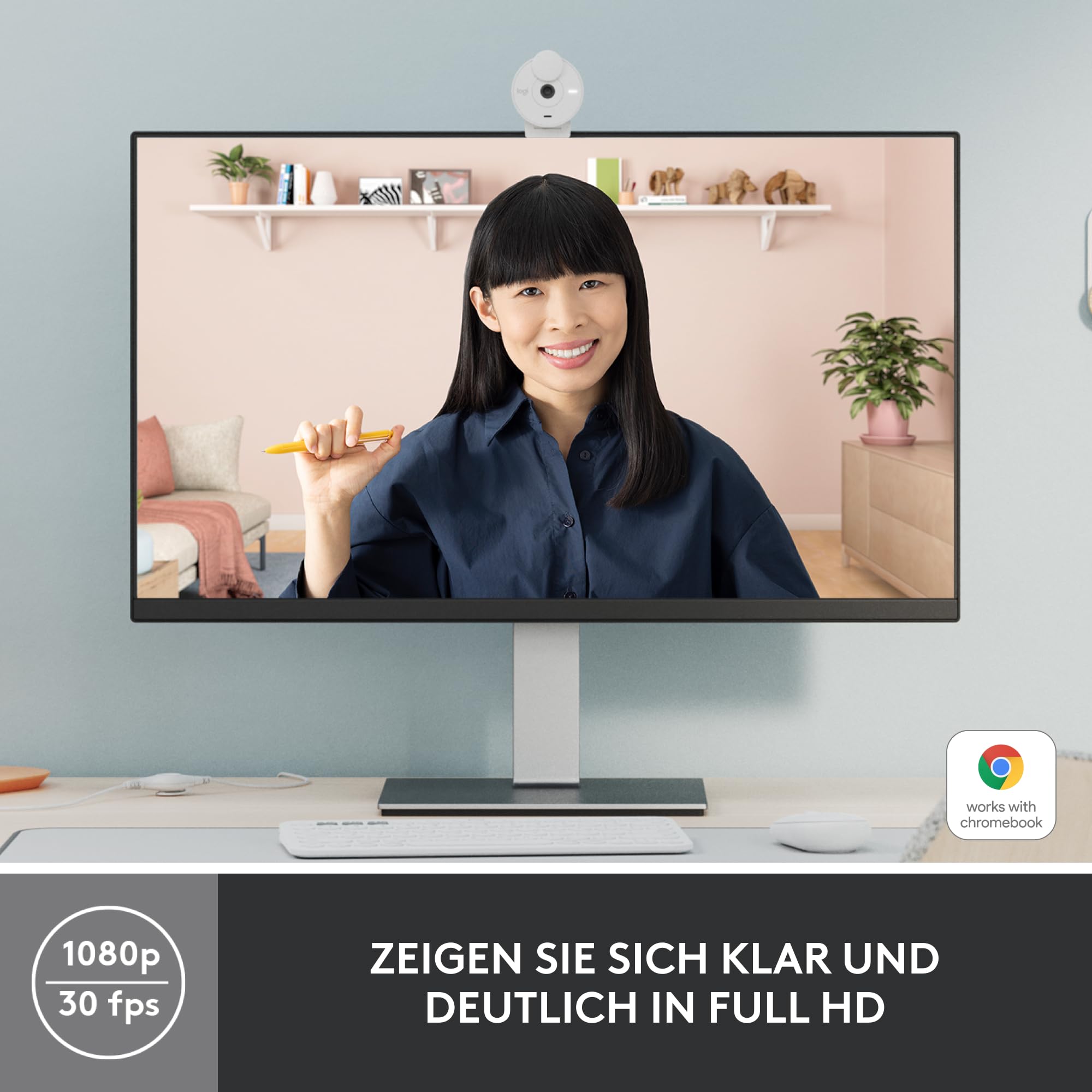 Logitech Brio 300 Full HD-Webcam mit Sichtschutz | Mic con Riduzione Rumore, USB-C, Certificata Zoom/Teams/Google Meet, Correzione Luce Automatica - Bianco