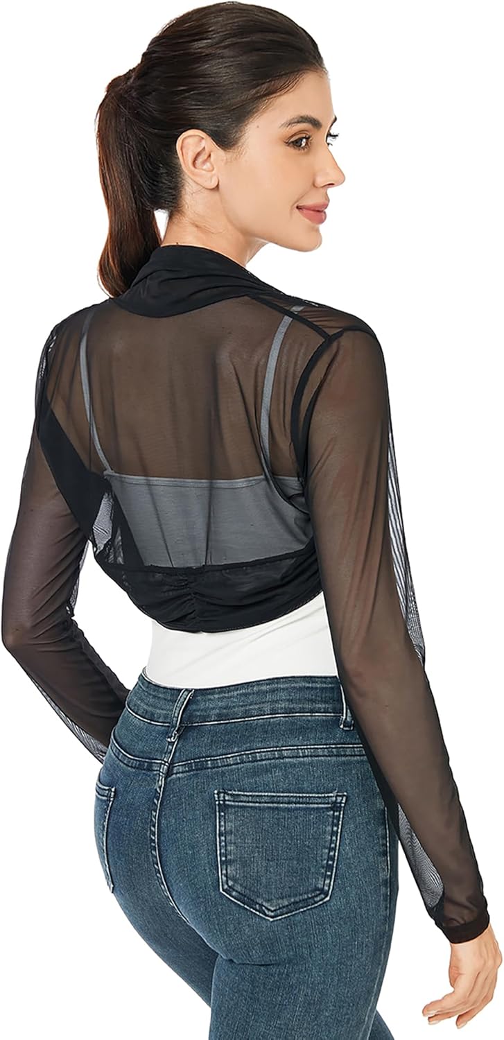 AmélieBoutik Women Ruched Long Sleeve Bolero Cropped Sheer Shrug Open Front Cardigan Lightweight Knit - Image 4