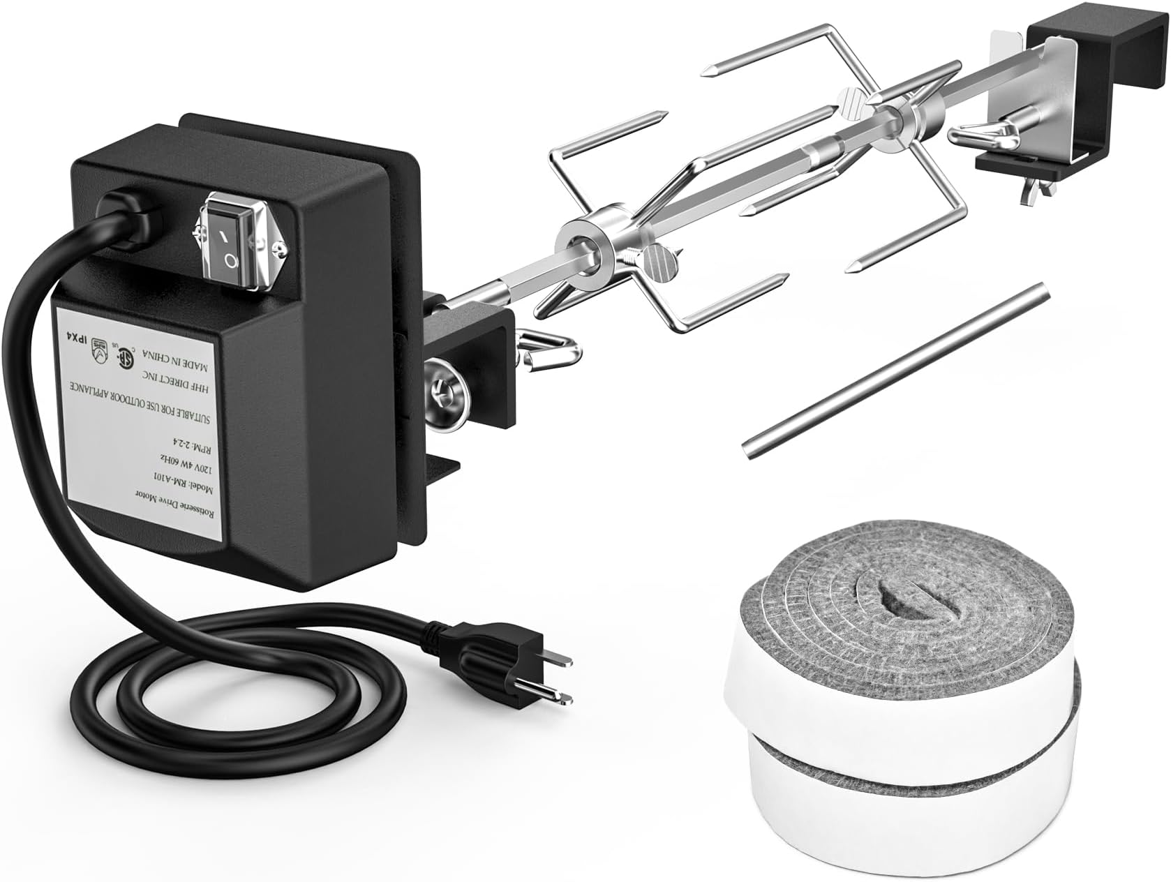Stainless Steel Rotisserie Kit with Heavy Duty Rotisery Motor & Accessories - Compatible with Large BGE | Kamado Joe | Pit Boss & Other Outer Diameter 21.5"-23", 28"-29.5" Ceramic Grill