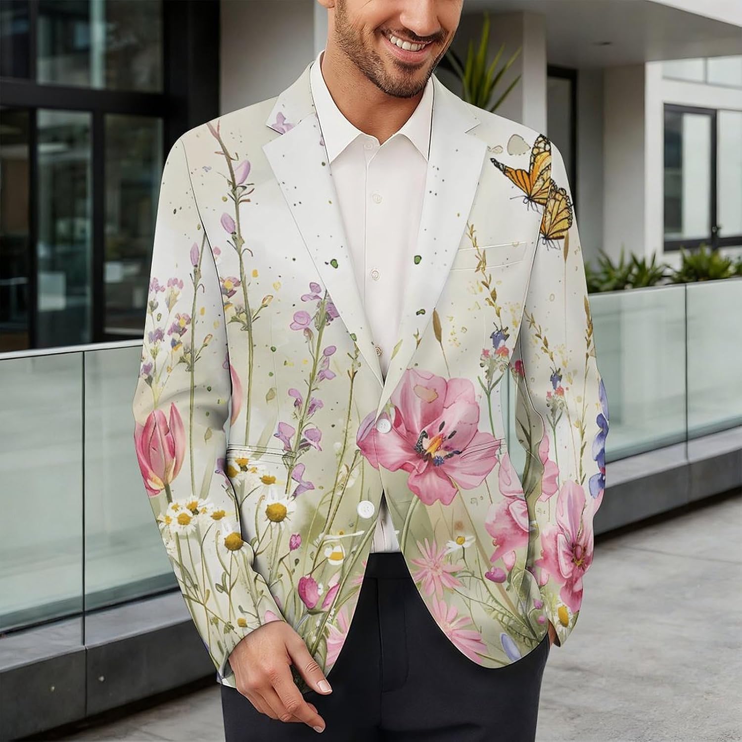 Watercolor Wildflowers Butterflies Mens Casual Blazer Sport Coat Two Buttons Business Jackets