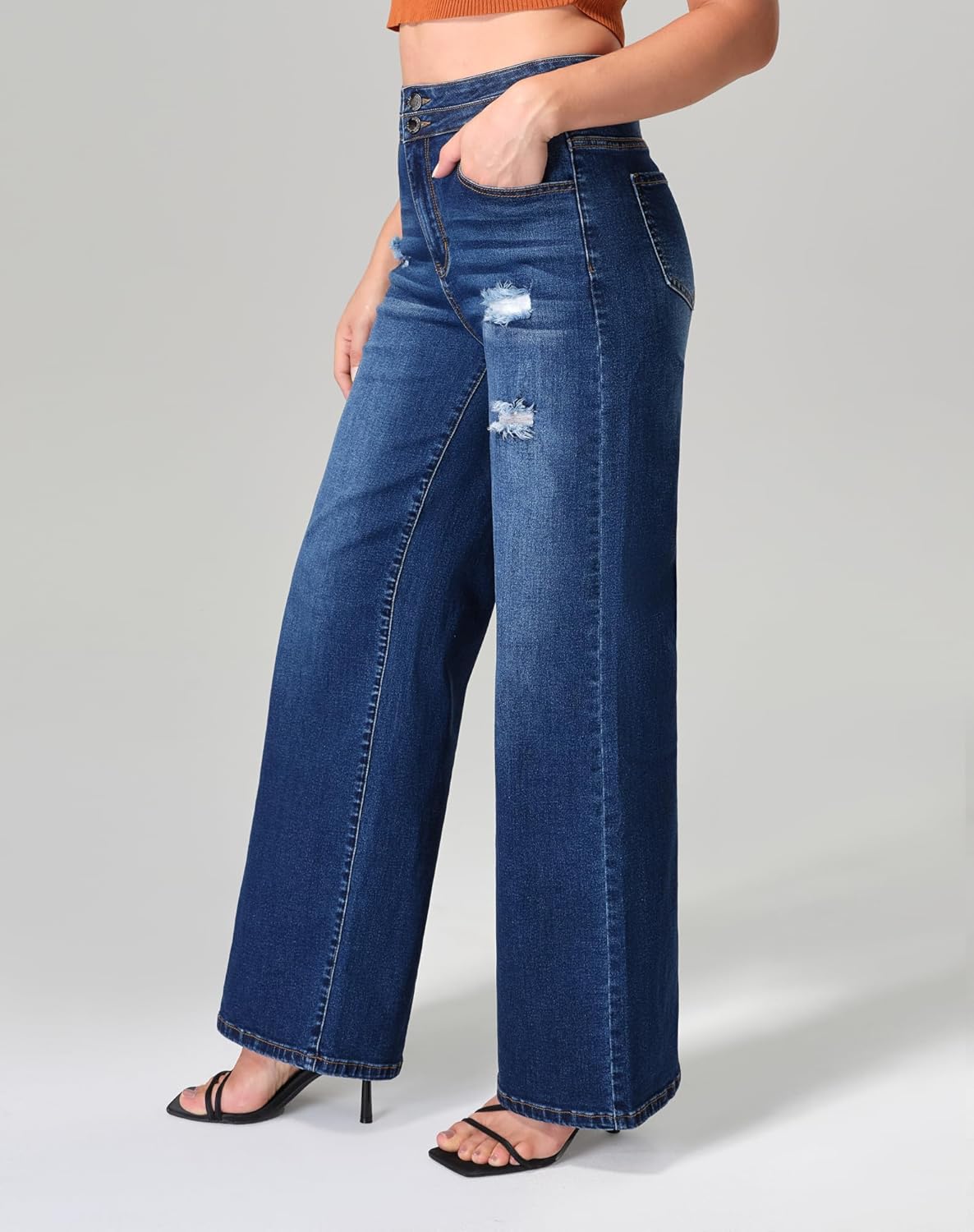 roswear Stretchy Loose Jeans for Women Wide Leg High Waisted Baggy Denim Distressed Pants - Image 2
