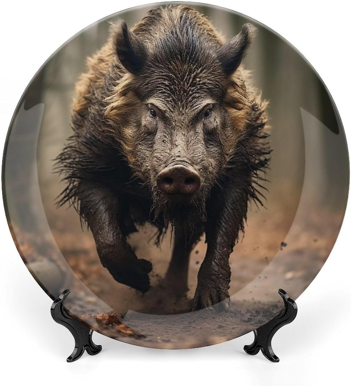 Bone China Decorative Plates Wild Boar Photos Ceramic Decorative Plate Wall Decor with Display Stand Ceramic Ornaments for Wall Hanging Decoration