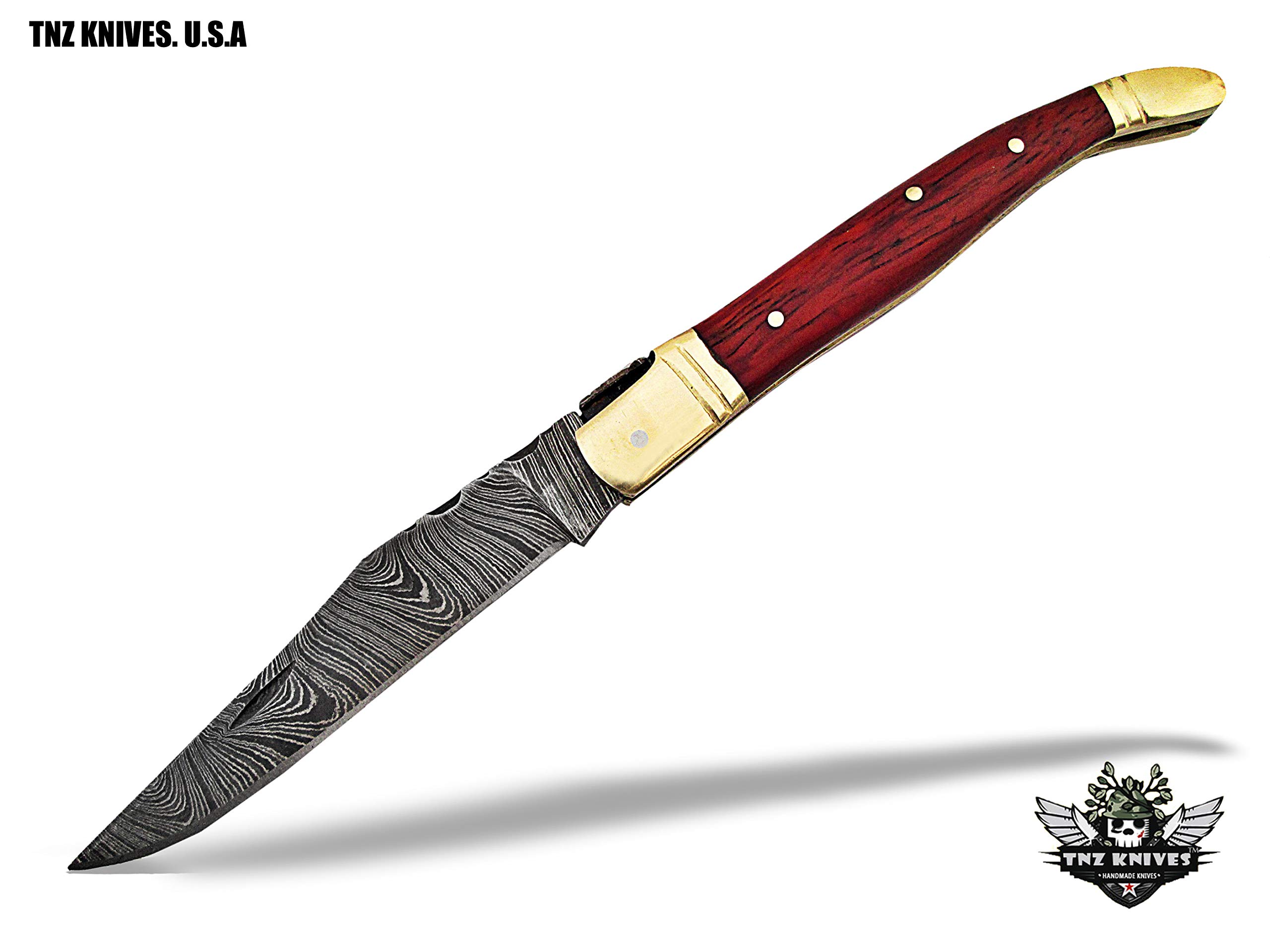 TNZ-514 USA Damascus Pocket Folding Gift Knife, Rose Wood Handle, LAGUIOLE Folding (4" Blade) Custom Handmade Damascus Blade Pocket Knife with Leather Cover >>> TNZ Hand Made Damascus Knives