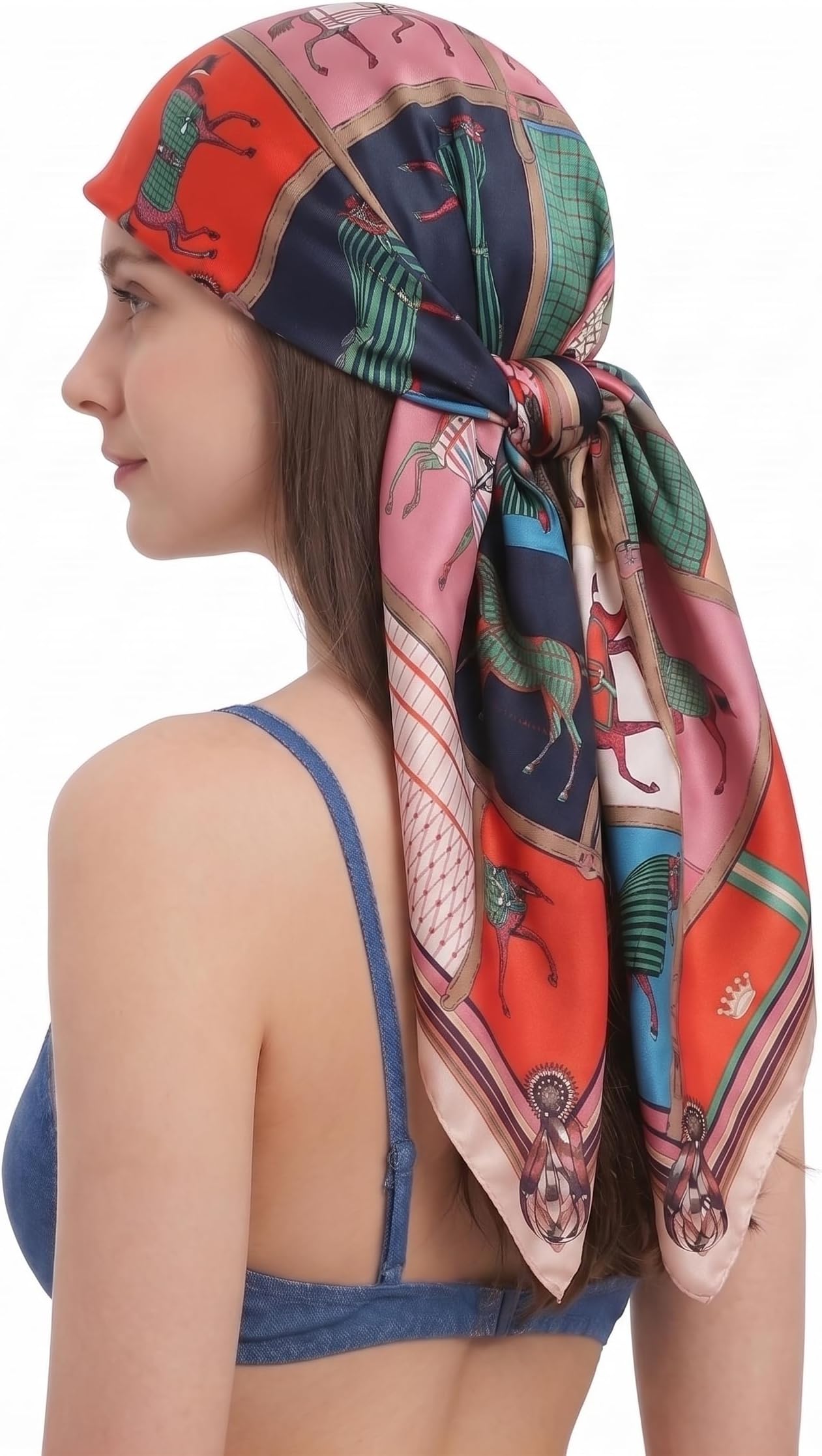 Silk Feeling Scarf Women's Fashion Pattern & Solid Color Large Square Satin Headscarf