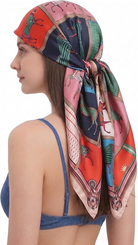 Silk Feeling Scarf Women's Fashion Pattern & Solid Color Large Square Satin Headscarf