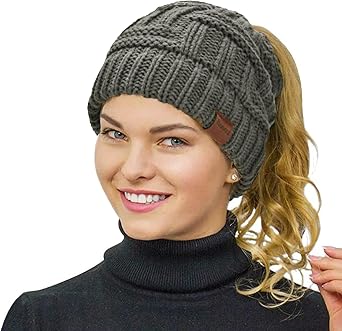 Rosoz Winter Hats for Women Ponytail Beanie Ponytail Hat for Women Tail Stretch Cable Knit Cap Messy High Bun Hat