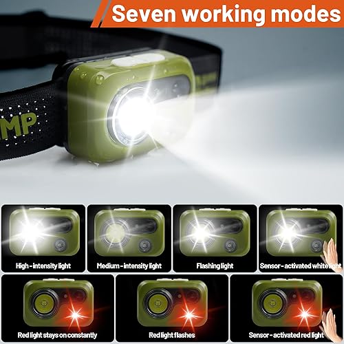 Miniatura 2 de Himalaya - Linterna frontal LED, lámpara de cabeza verde con luz blanca y roja, ligera e impermeable IPX64 con diadema cómoda para camping,