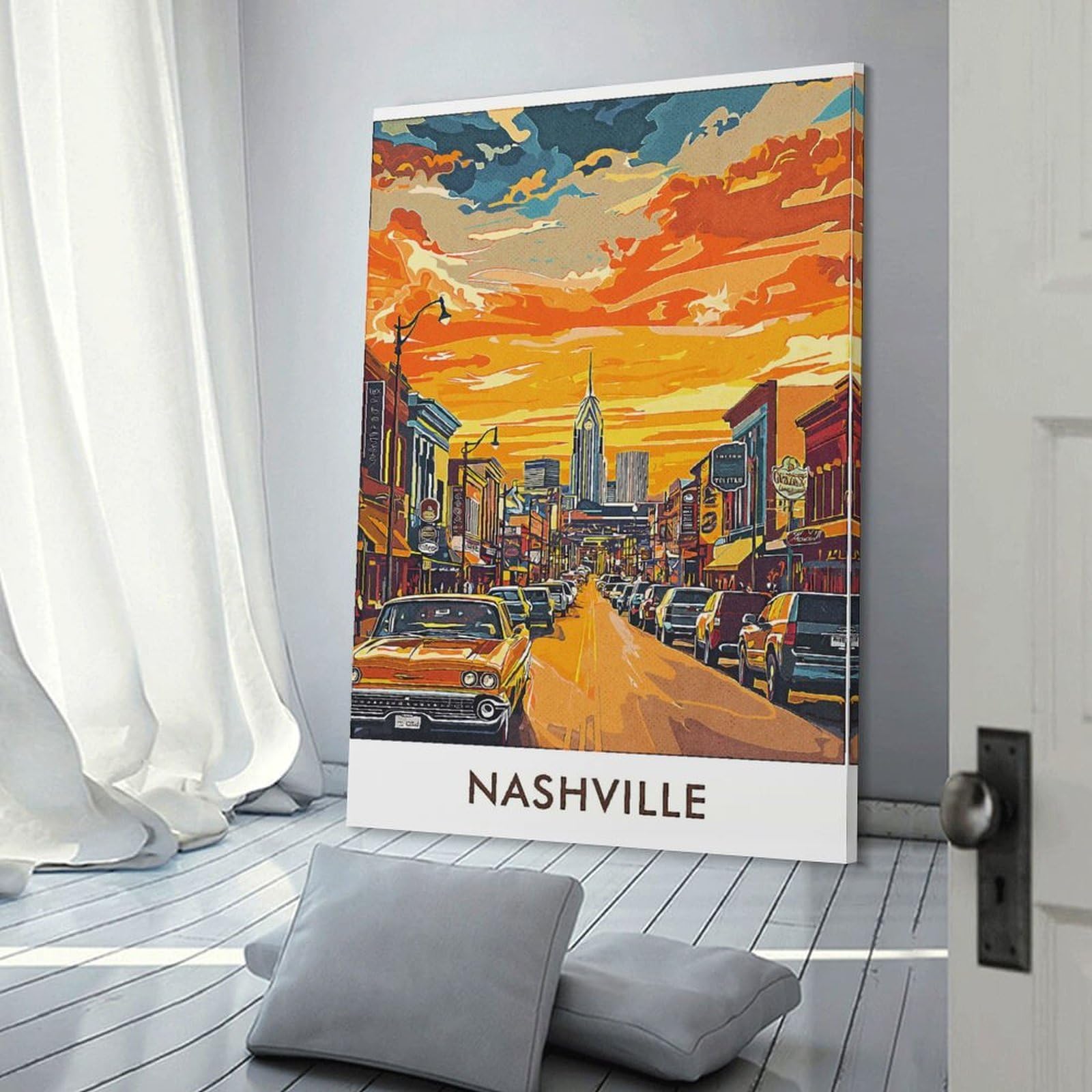 Junmoney Room Decor Wall Art Nashville Cityscape Sunset, 16x24inch(40x60cm), for Flats, Guest Rooms Or Compact Rooms, Wall Decor with Flexible Room Appeal