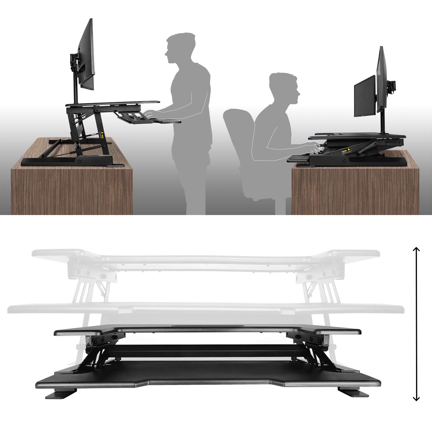 Duronic DM05D1 BK Zit-Sta Bureau | Zwart | Hoogte Verstelbaar Kantoor Werkstation | 92 x 56 cm Platform | Verhoogt 16,5 - 41,5 cm | Ergonomische Verhoger voor PC Laptop Toetsenbord & Muis