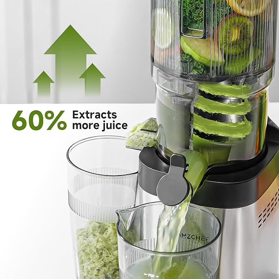 AMZCHEF Cold Press Juicer Machines - Slow Masticating Juicer with 145mm Large Feed Chute, Whole Fruit & Vegetable Juice Maker, Easy Clean, Triple Filter - Stainless Steel