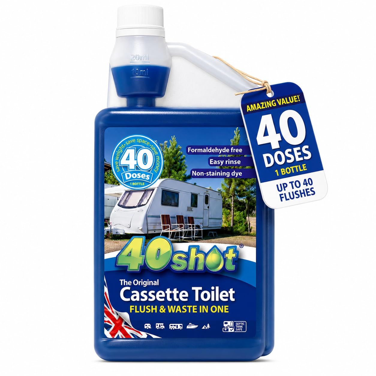 Blue Motorhome &amp; Caravan Toilet Chemical Fluid 1L – 40 Doses, 2in1 Cassette | Cherry scent – built-in dosing chamber for mess-free measuring, water softener included, formaldehyde free &amp; stain-free dye