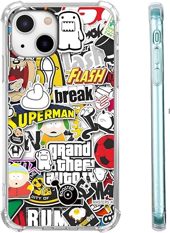 Case for iPhone 13 with Pop Culture Design,Aesthetic Cartoon Sticker Bomb Pop-Art Collage Pattern for Men Women,Clear Slim Soft TPU Bumper Case,6.1Pop,13