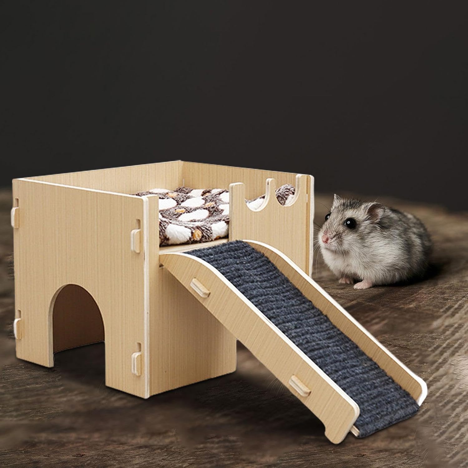 Wooden Guinea Pig Hideout Hamster House with Stairs Wooden Castle Cage Habitat Decor for Gerbil Rat Bunny Chinchilla Squirrel