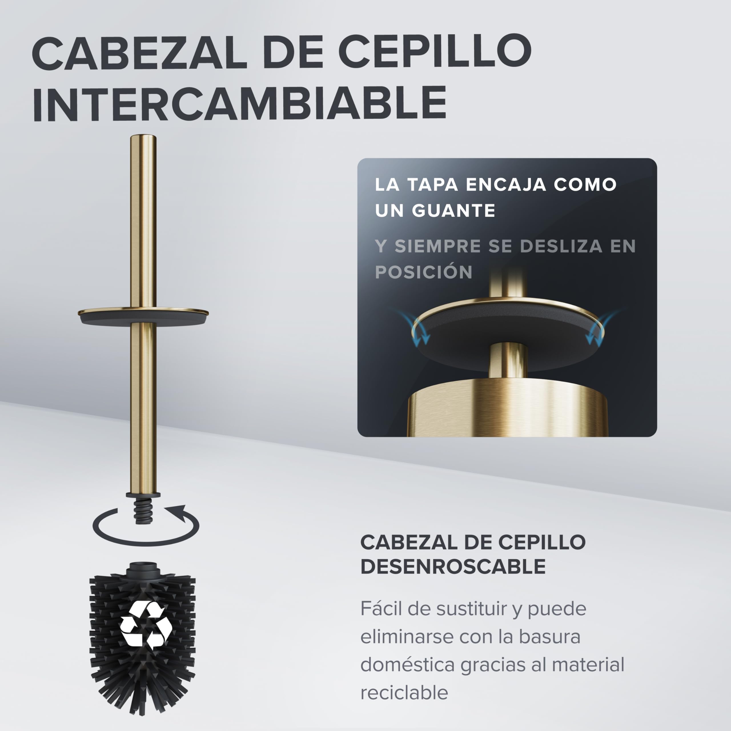 ovimar Escobilla para inodoro Hou | Silicona | Oro | De Acero Inoxidable con Tapa l Independiente para baño e Inodoro de invitados | Escobilla de inodoro con cabezal intercambiable | Diseño Silvolles