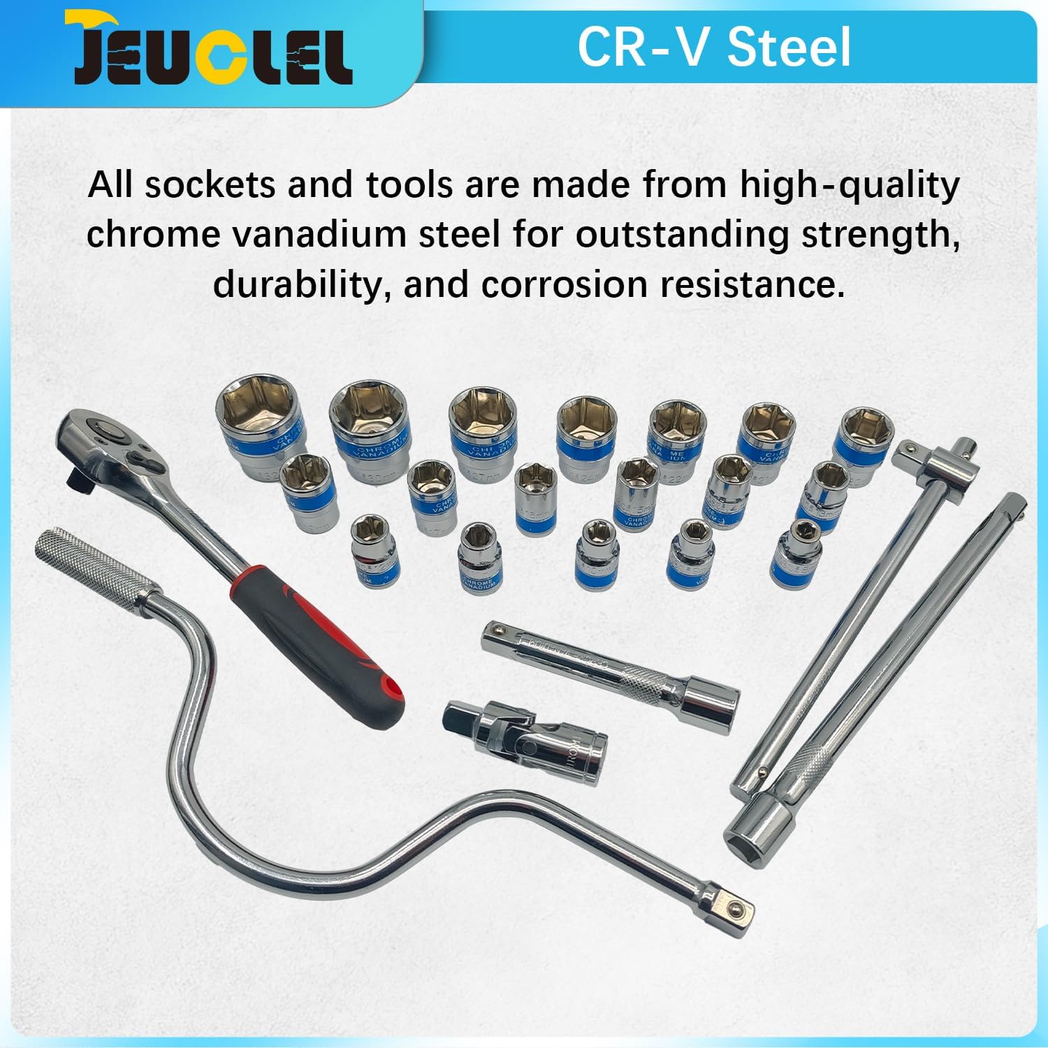 24PCS Metric 1/2 Inch Drive 6-Point Standard 8-32mm Socket Ratchet Wrench Set with Ratchet Wrench, F Bar, Extension Bars, universal joint, Car Repair Household Maintenance