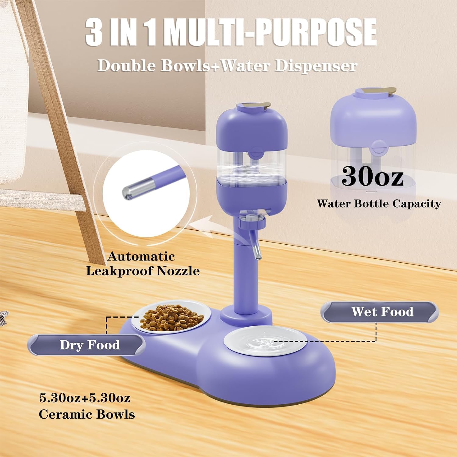 Hundenäpfe mit Welpen-Entwöhnungsflaschen, 3-in-1-Hundenapf-Set mit Wasserspender und 2 lebensmittelechten Keramiknäpfen für Katzen, Kaninchen, Frettchen und kleine Hunde, Violett