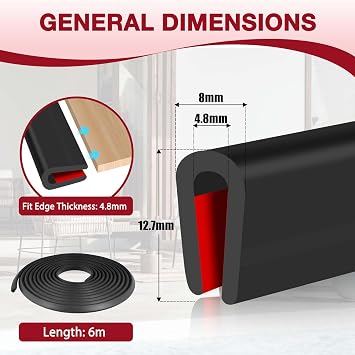 Rubber Edging Self-adhesive U-shape Trim Rubber Sealing Strip Edge Protector for Car Door Trim (Black, 4.8mm×6m)