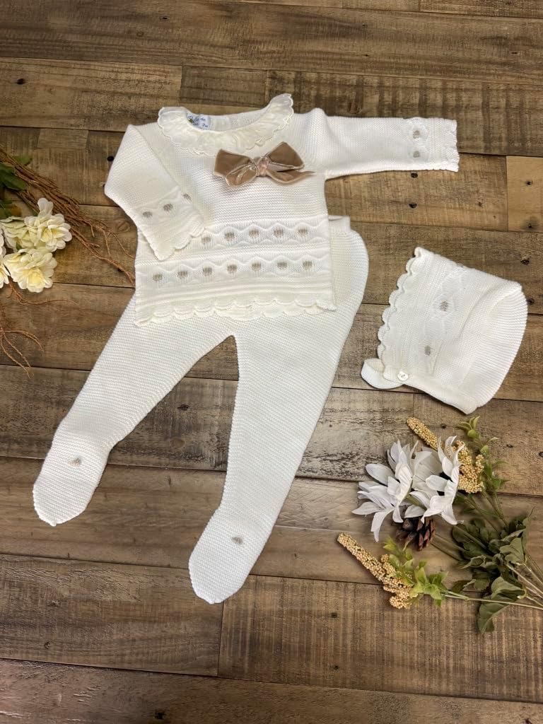 3-piece Baby Long Sleeve Sweater Pants Hat Set Boys Girls Newborn Knitted Coming Home Outfit - Made in Spain