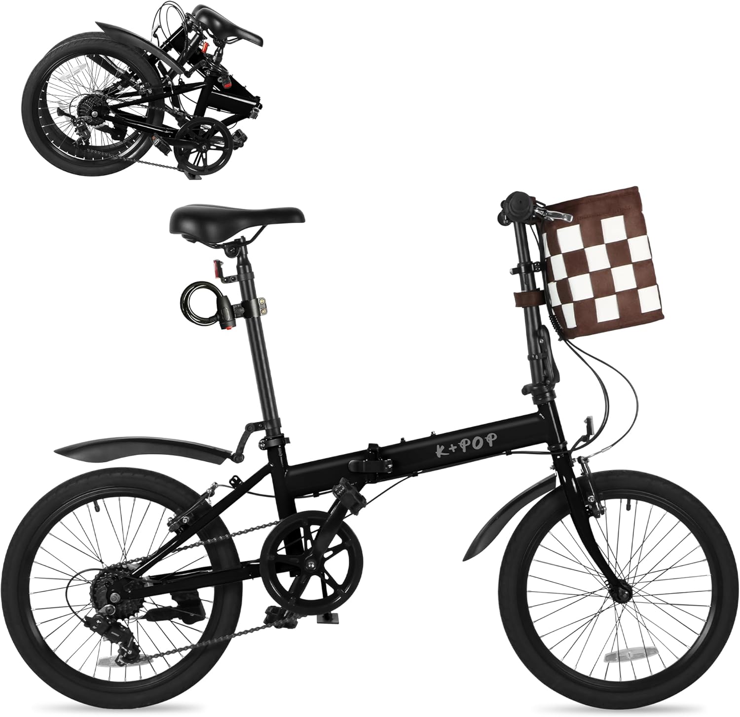 20” Folding Bike for Adult Men Women, 7 Speed Foldable Commuter Bike with Detachable Basket, Lightweight Folding Bicycle with Adjustable Seat & Front and Rear V-Brakes,Outdoor Beach Cruiser Bike