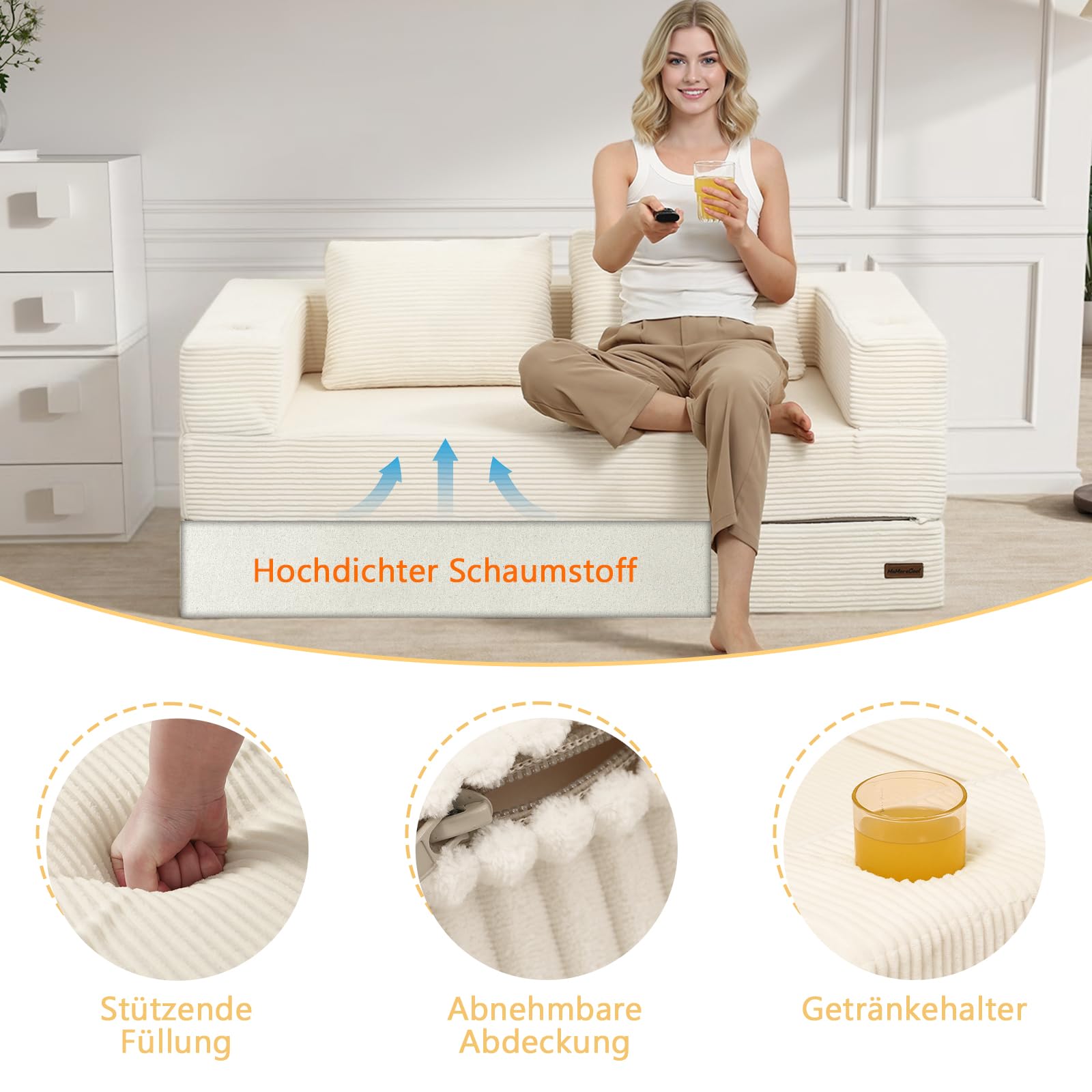 MeMoreCool Boneless Futon-Schlafsofa, faltbares Bodensofa mit Kissen, klappbares Cord-Schlafsofa, ausklappbares Zweisitzer-Sofa für Wohnzimmer und kleine Räume, Beige
